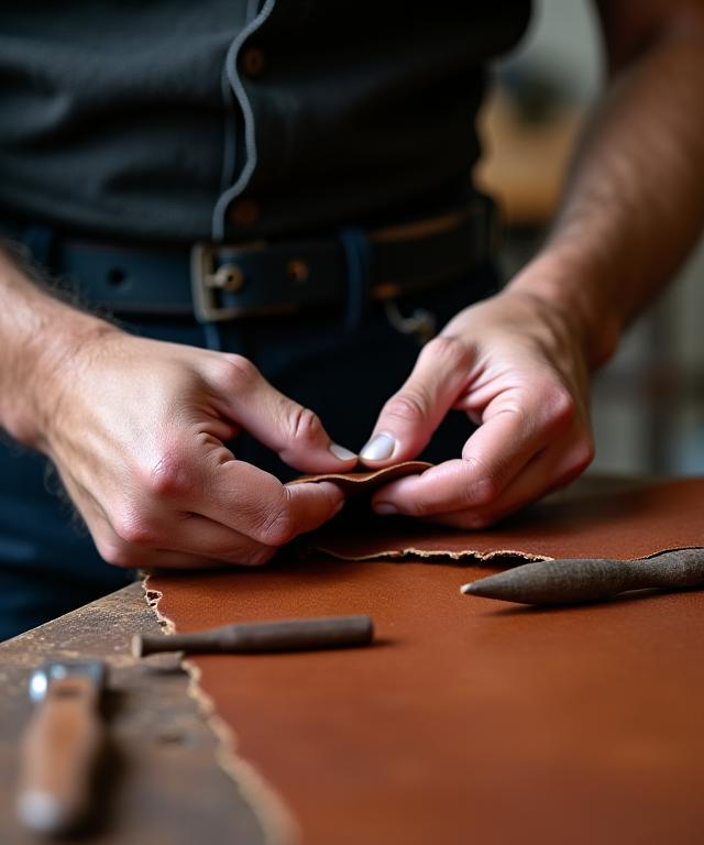 Ein Handwerker wählt sorgfältig ein Stück hochwertiges Leder aus.